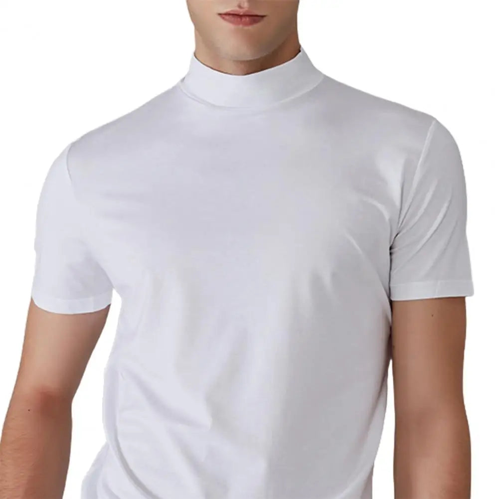 Men Half High Collar Slim Fit T-shirt Summer Casual Short Sleeve Solid Color Elastic Thin Pullover Tee Shirt Half Turtleneck Top