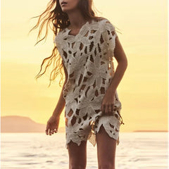 2025 New Summer Swimwear Beach Holiday Dress Sexy Women Knit Beach Dress Hollow-Out V-Neck Short Sleeve Bikini Cover-Ups Dress