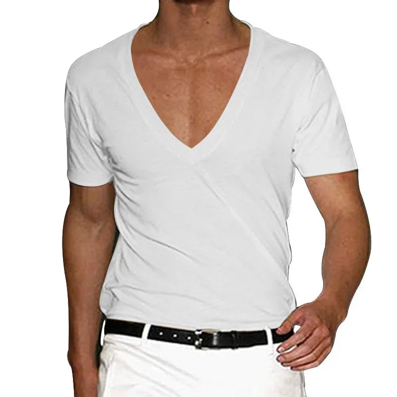 European and American Mens V Neck Sports T-Shirt Summer Cultivate One's Self Casual Solid Color Street Short Sleeve T-Shirt Top