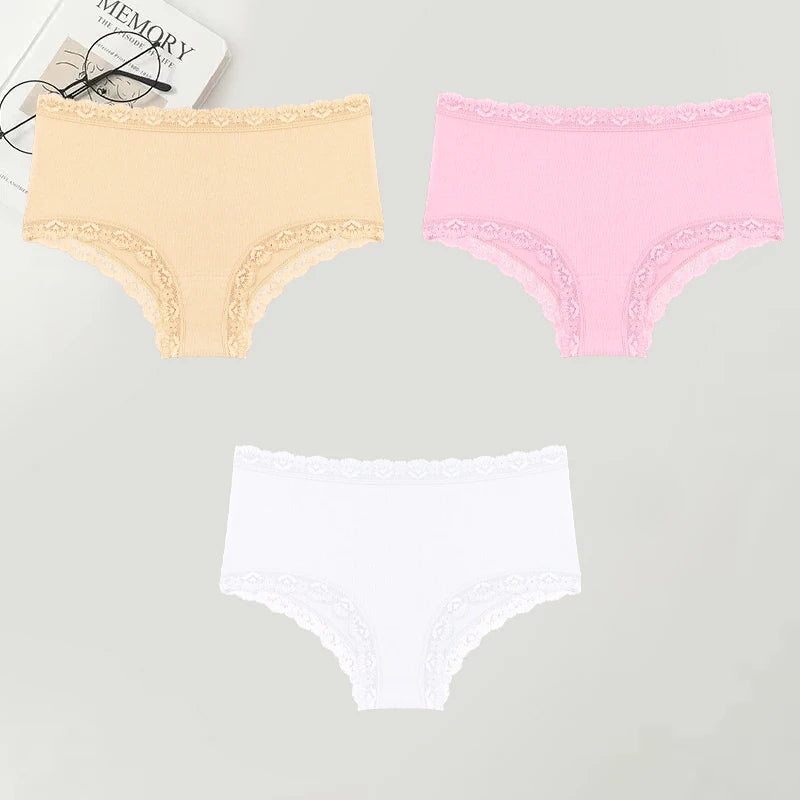 3PCS Women Cotton Lace Underwear Sexy Breathable Solid Panties S-XXL Low-Waist Seamless Briefs Girls Sports Soft Lingerie New
