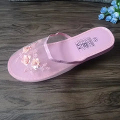 Women Indoor Slippers Sequin Flat Shoes Lady Summer Hollow Mesh Beach Slippers Flip Flops Casual Baotou Creative Flower Mesh