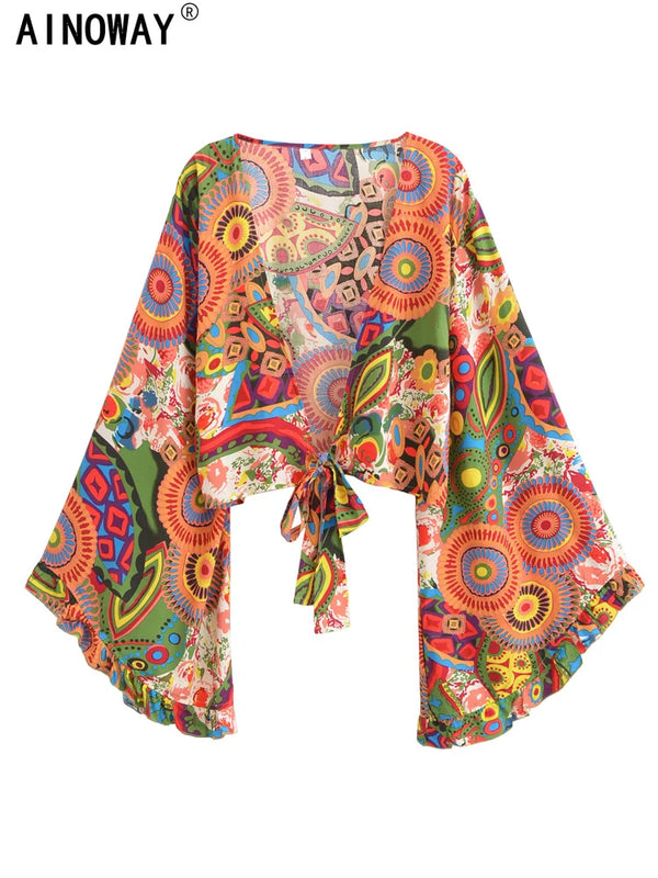 Boho-Kimono mit Vintage-Blumenmuster, kurzem Schnitt, Rüschen, ausgestellten Ärmeln und Strand-/Bikini-Cover-ups für Damen (2025)