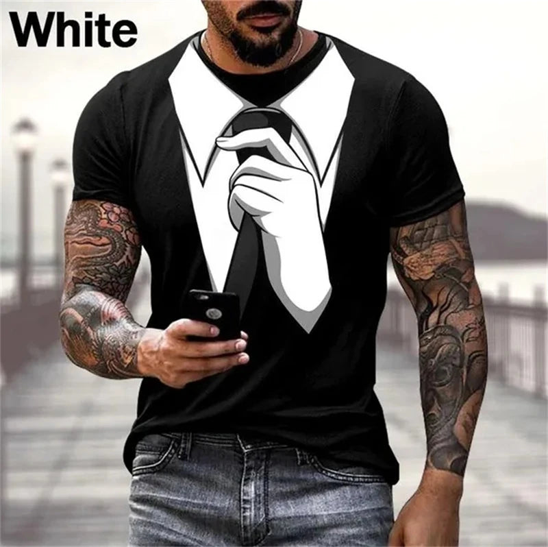 Mens Summer Fashion 3D Printed T-shirts Funny Fake Suit Cosplay Short Sleeve Casual Crew Neck Tops Tees Hombre Ropa New T Shirt
