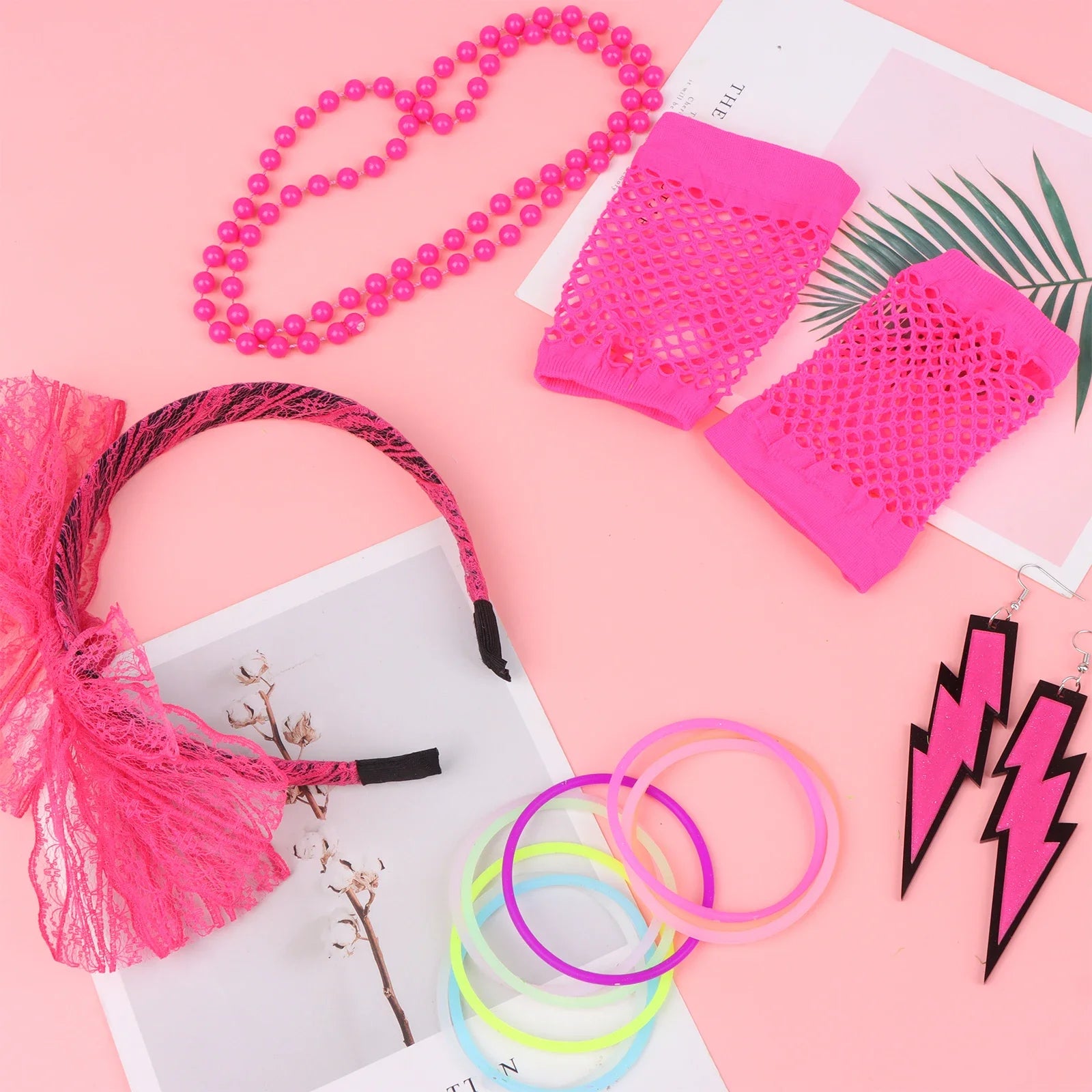 80s Fancy Dress Accessories WomenTutu Skirt Neon Fishnet Gloves Beaded Necklace Bracelet Earrings Adult 80s Party Costume Set