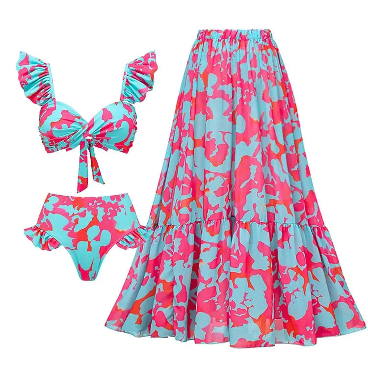 Flaxmaker Summer New Women Sexy Hawaiian Lace Up V Neck Ruffle Swimsuit and Sarong Women Swimwear Set Push Up Bathing Suit