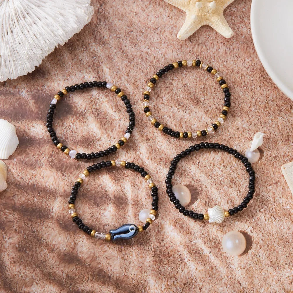 4pcs Set Bohemian Fashion Ceramic Fish Shells Rice Bead Bracelet for Women Summer Beach Vacation Cute Jewelry Accessories Gifts