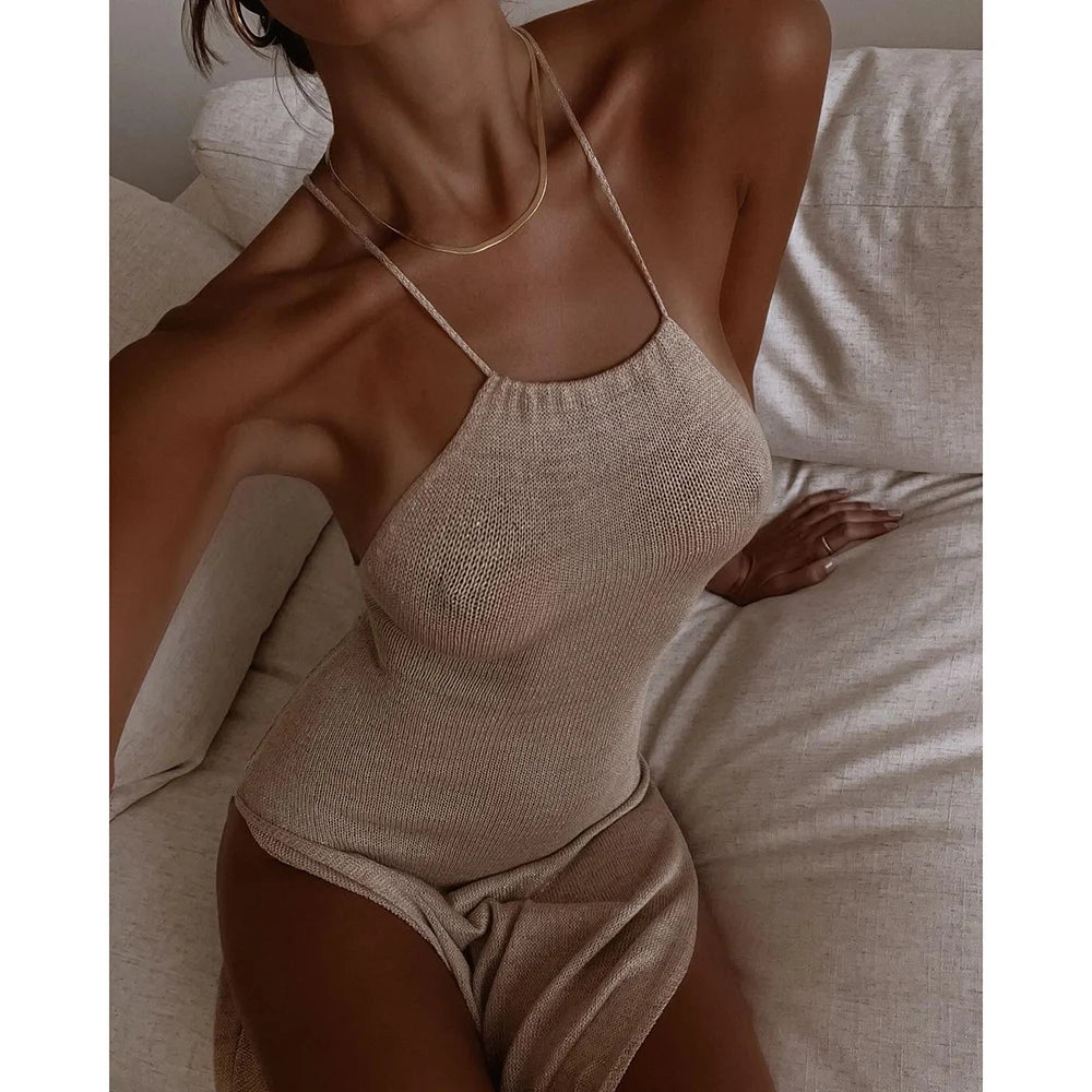2025 Kintted Cover Up Beach Sexy See Through Maxi Slit Bodycon Summer Dress Bikinis Cover-ups  Elegant Halter Beachdress