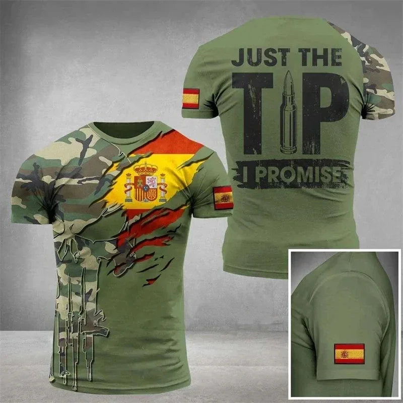 Summer New Men's T-shirt 3D Printed T-shirt Camouflage Army Spanish Flag O-neck Oversized Outdoor Casual Short Sleeved Top
