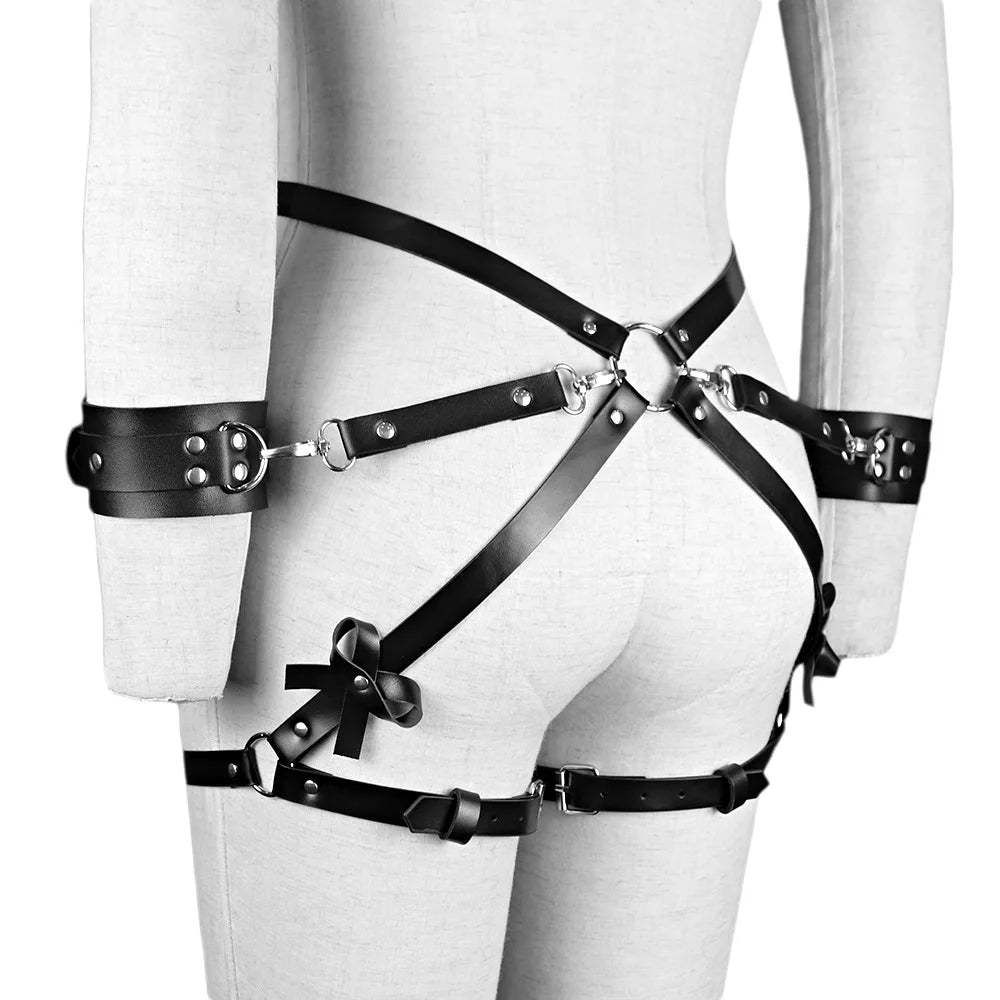 Exotic Accessories SM Bondage Kit Leather Thigh Cuffs Waist Belt Handcuffs Bed Strap Adult Role Play Toy for Couples