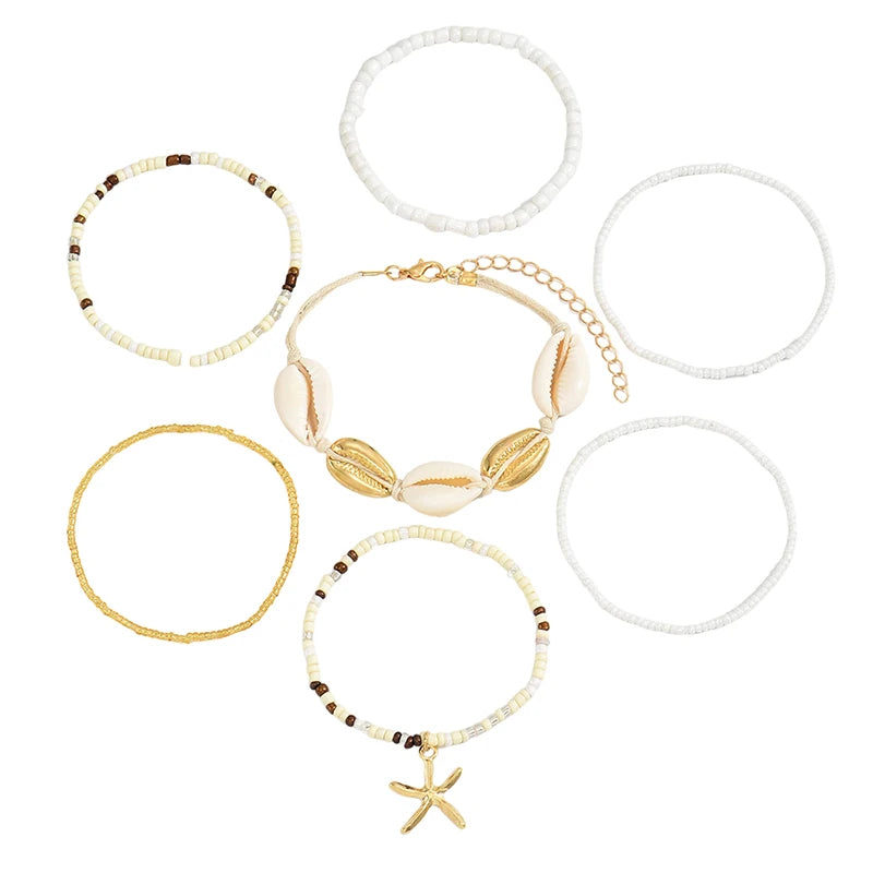 7Pcs Bohemian Style Starfish Shell Hand Woven Bracelet For Women Girls Fashion Beaded Bracelet Summer Beach Vacation Accessories