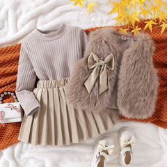 Children's Clothing Sets Furry Vest + Long Sleeve T-shirt + Leather Skirt 3pcs Sets Baby Girl Outfit Set Toddler Girl Clothes