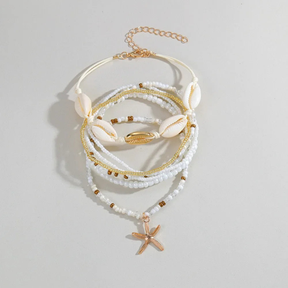Boho Shell Starfish Anklet Sets for Women Rice Beads Chain Ankle Elastic Rope Beach Summer Foot Accessories Bracelet