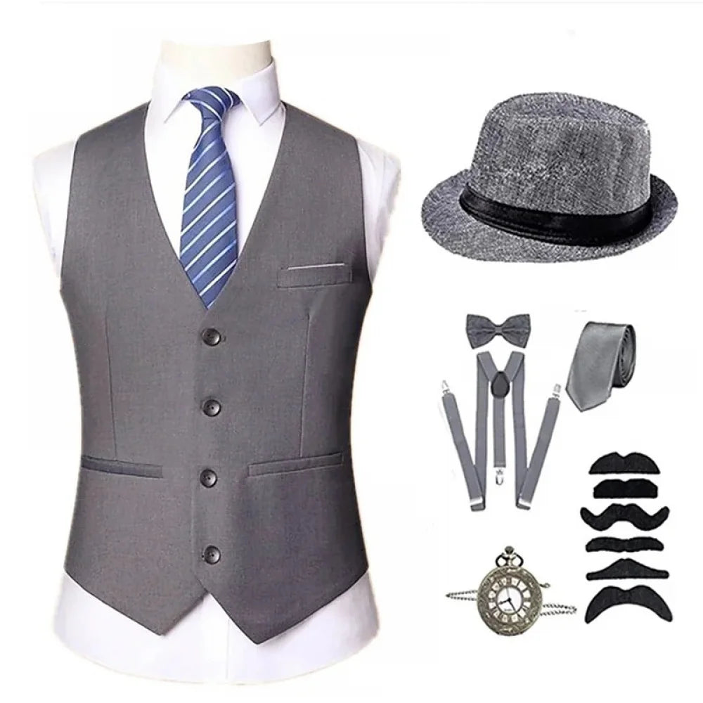 1920s Mens Accessories Set Retro Gangster Costume Tie Hat Vest Victorian Vintage Slim Waistcoat Set Halloween Party Outfits