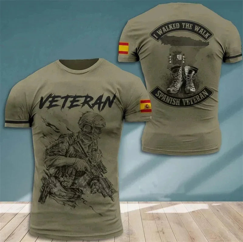 Summer New Men's T-shirt 3D Printed T-shirt Camouflage Army Spanish Flag O-neck Oversized Outdoor Casual Short Sleeved Top