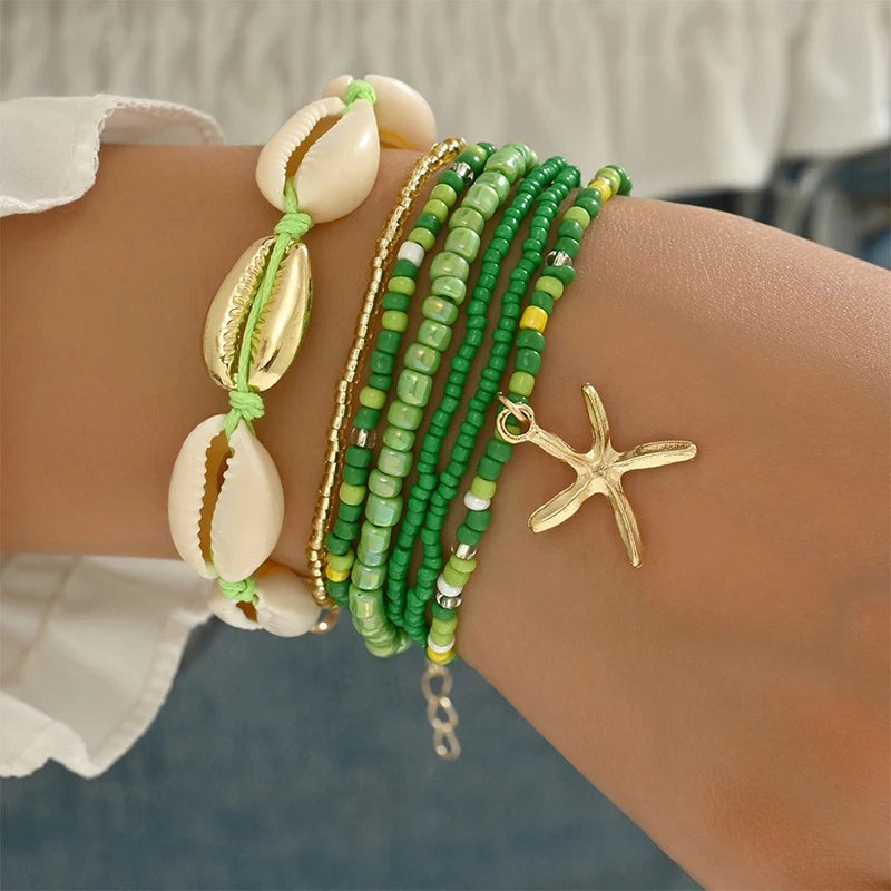 7Pcs Bohemian Style Starfish Shell Hand Woven Bracelet For Women Girls Fashion Beaded Bracelet Summer Beach Vacation Accessories