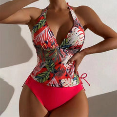 Women'S Two-Piece Swimsuit Sexy Split Triangle Band Pure  Colored Leaf Printing Bikini Swimwear Split Swimwear купальник женский