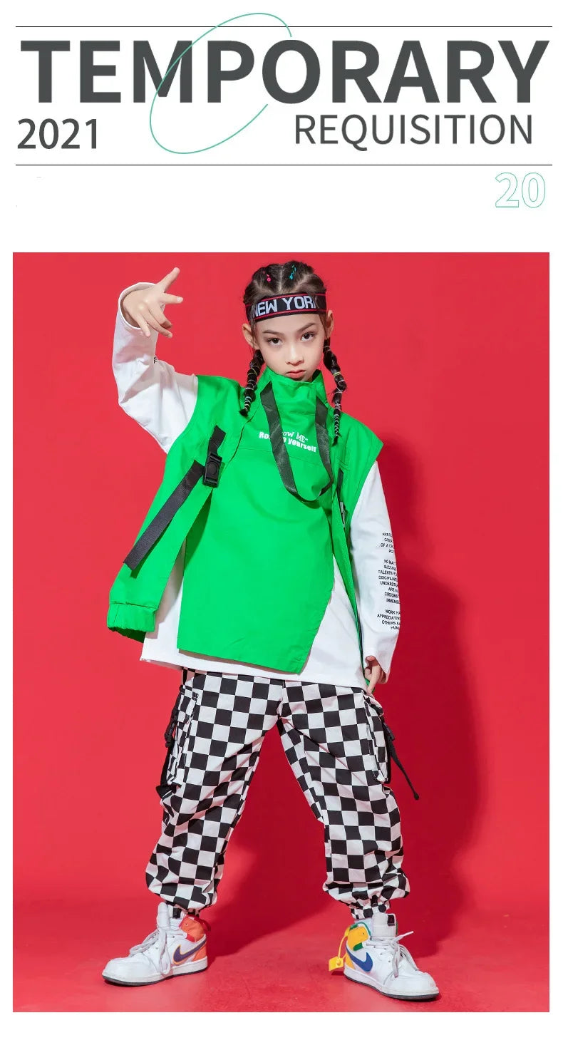 Kid Hip Hop Clothing Sleeveless Jacket Top Streetwear Checkered Tactical Cargo Jogger Pants for Girls Boys Dance Costume Clothes