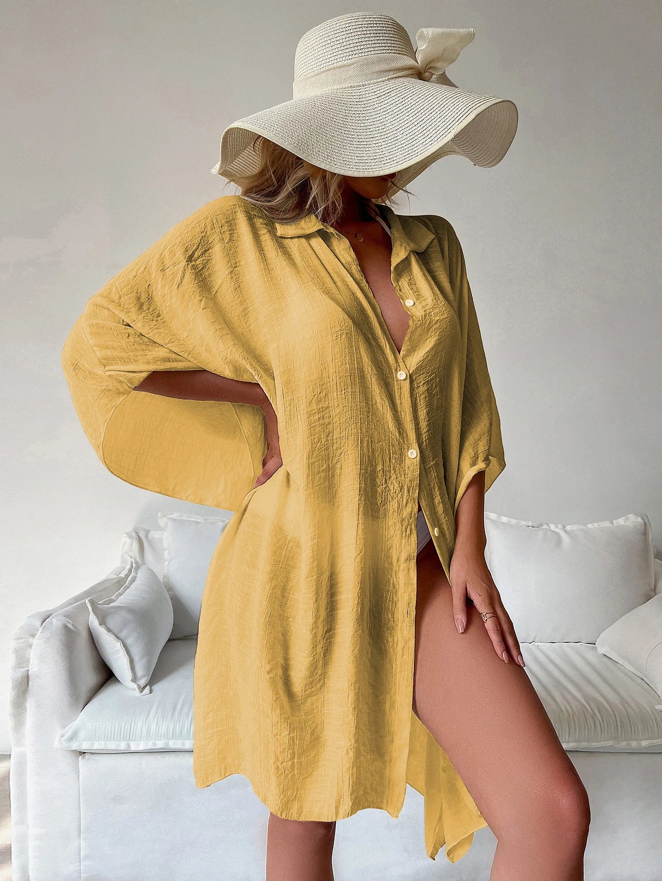 Beach Shirt Women Swimsuit Cover Up Solid Batwing Sleeve Loose Soft Bathing Suits Tunic Kimono Dress Pareo Beachwear