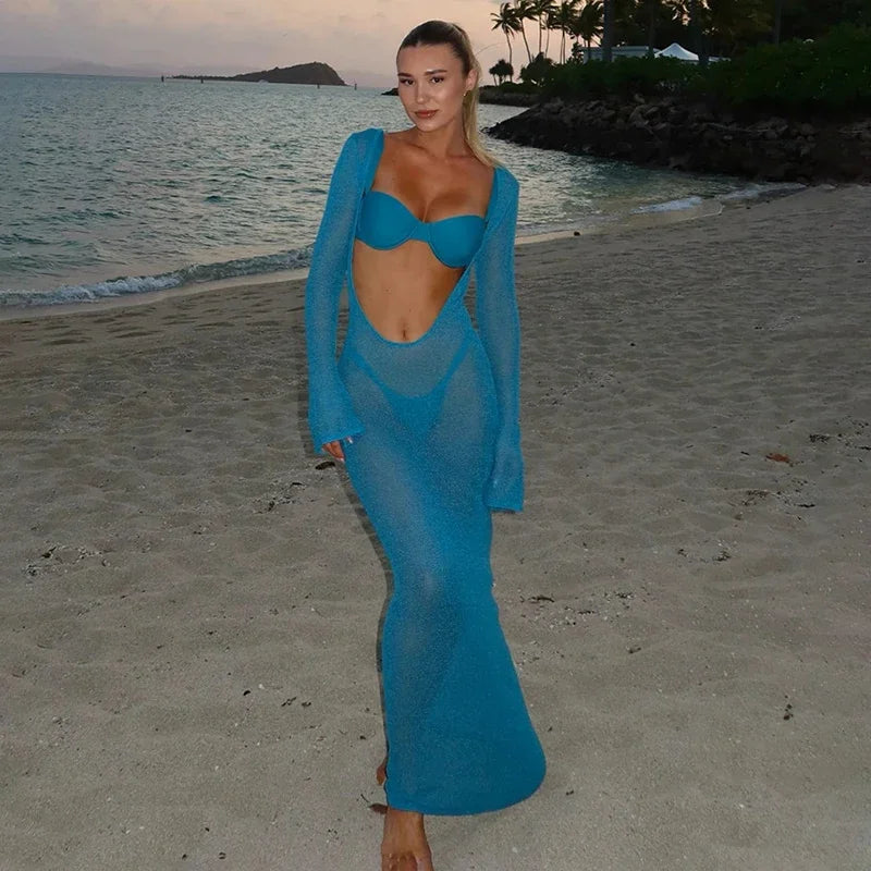 Sexy Beach Vacation Dress See Through Backless Knitted Cover Up Dress Female Two Wears Fashion Slim Knit Long Dress Lady