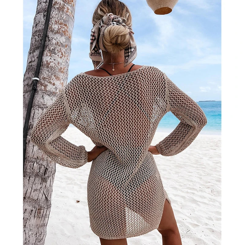 2023 Crochet Beach Cover Up Sexy Bikinis Cover-ups Hollow Out White Tunic Knitted Mini Summer Dress Women Beachwear Swim Suit