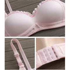 Kleine, frische Unterwäsche für Frauen mit süßen, kleinen Brüsten, die durch zarte Spitze einen schönen Rückenausschnitt betonen. Dünner BH-Stil