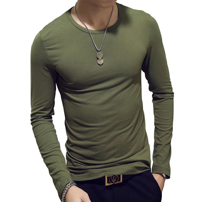 2020 Elastic Mens T-Shirt O-Neck Round Neck Long Sleeve Men T-Shirt For Male Lycra And Cotton T-Shirts Man Clothing