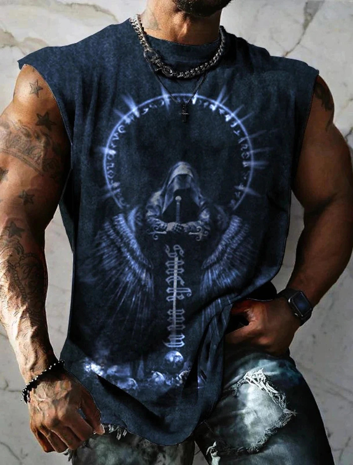 Four Seasons New Mens Fitness Clothing Simple Breathable Street Sleeveless Undershirt Gym Giant Spirit Print Fast Drying Clothes