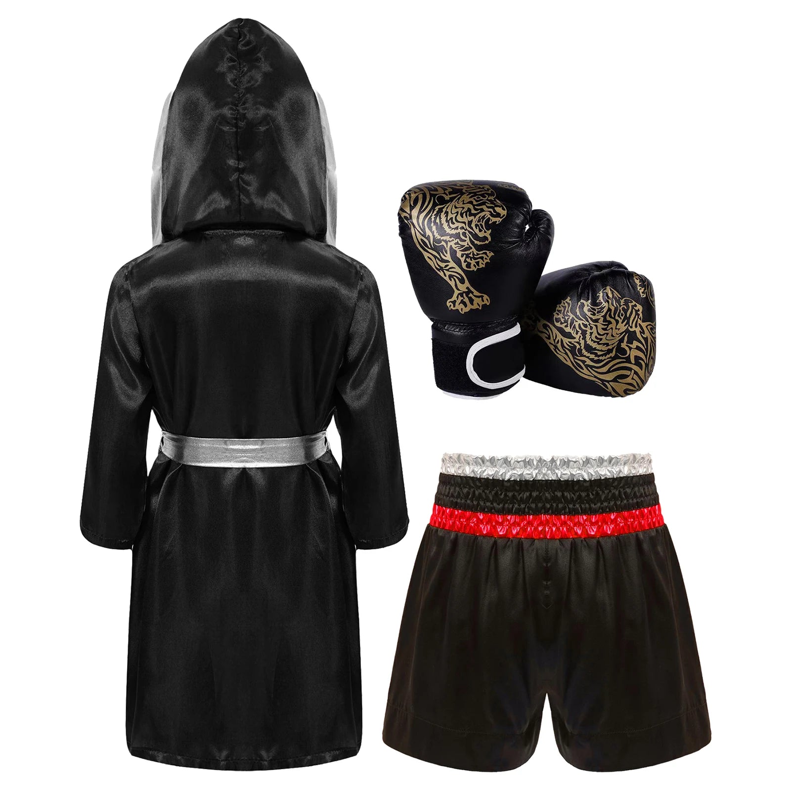 Kids Boys Boxing Training Outfit Long Sleeve Open Front Metallic Satin Robe Hooded Cloak with Athletic Shorts And Boxer Gloves