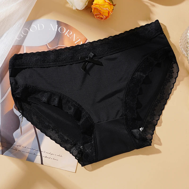 Women Sexy Panties Soild Color Breathable Underwear Lace Bow Lingerie Female Ultra Thin Transparent Briefs New