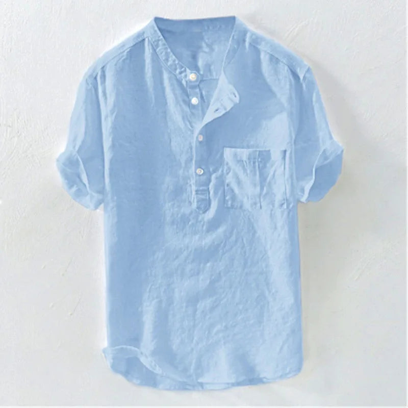 Spring and Summer Men's Cotton Linen Shirts Long Sleeve Casual Beach Henley T-Shirt Vacation Tops with Pocket Men Streetwear