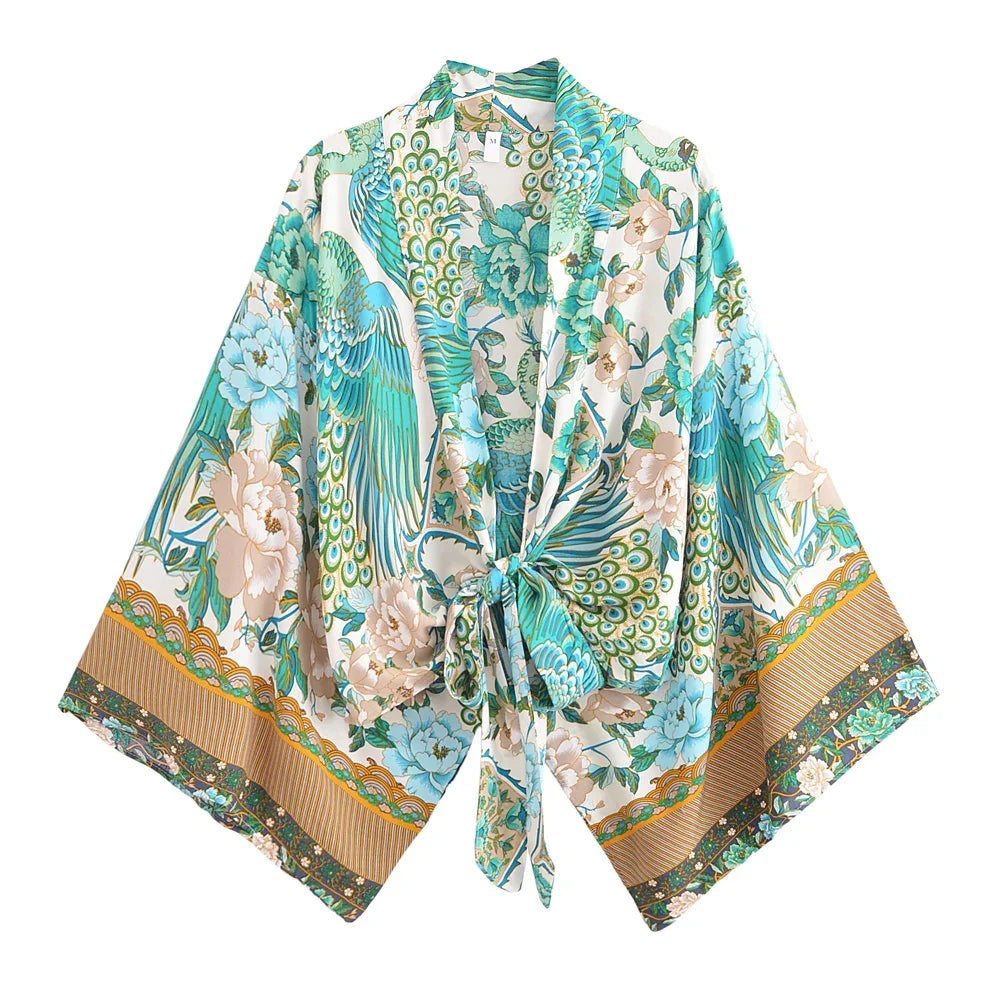 Happie Queens Peacock Short Robe Kimono Swimsuits Women Fashion Floral Batwing Sleeves Rayon Bohemian Bikini Cover Ups Beachwear