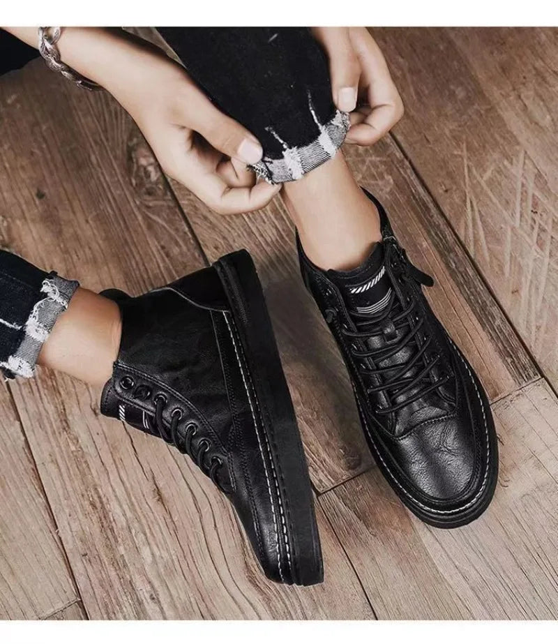 Men's Shoes Fashion High Top Sneakers PU Leather Casual Shoes for Men Platform Boots Retro Zipper Ankle Boots Zapatillas Hombre