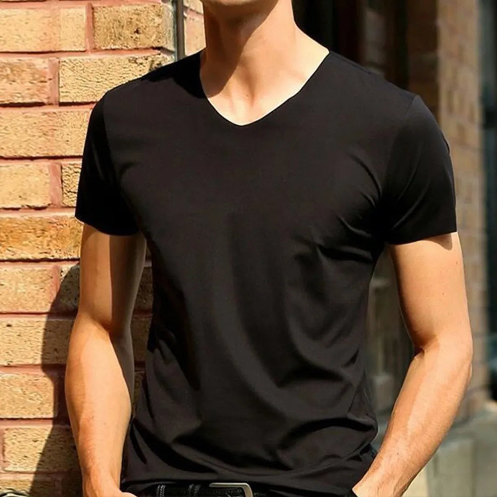 Mens Clothing Classic Japan Short Sleeve Men's Ice Silk Comfortable Trackless T-shirt V-neck Slim Short Sleeve T-shirts For Men