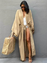 Solid Beach Cover Up Women Self Belted Wrap Kimono Dress Swimsuit 2025 New Robe Summer Beachwear Factory Supply