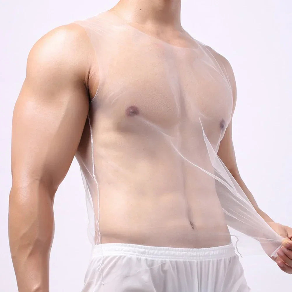 Brand New Men T-Shirt Vest See Through Sleeveless Solid Color T-Shirt Tank Top Breathable Clubwear Gym Mesh Party