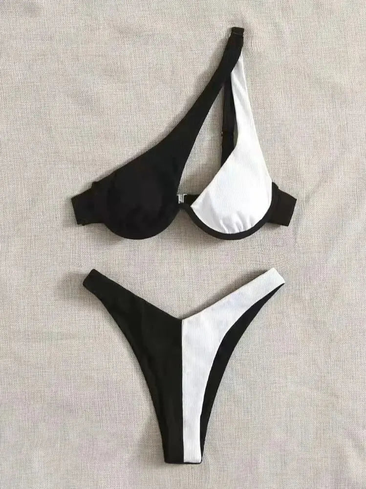 2024 Luxury Two-Pieces Solid Patchwork Underwire Push Up One Shoulder Cut Out Beachwear Swimwear Biqunis Brazilian Thong Bikinis