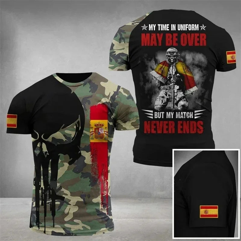 Summer New Men's T-shirt 3D Printed T-shirt Camouflage Army Spanish Flag O-neck Oversized Outdoor Casual Short Sleeved Top