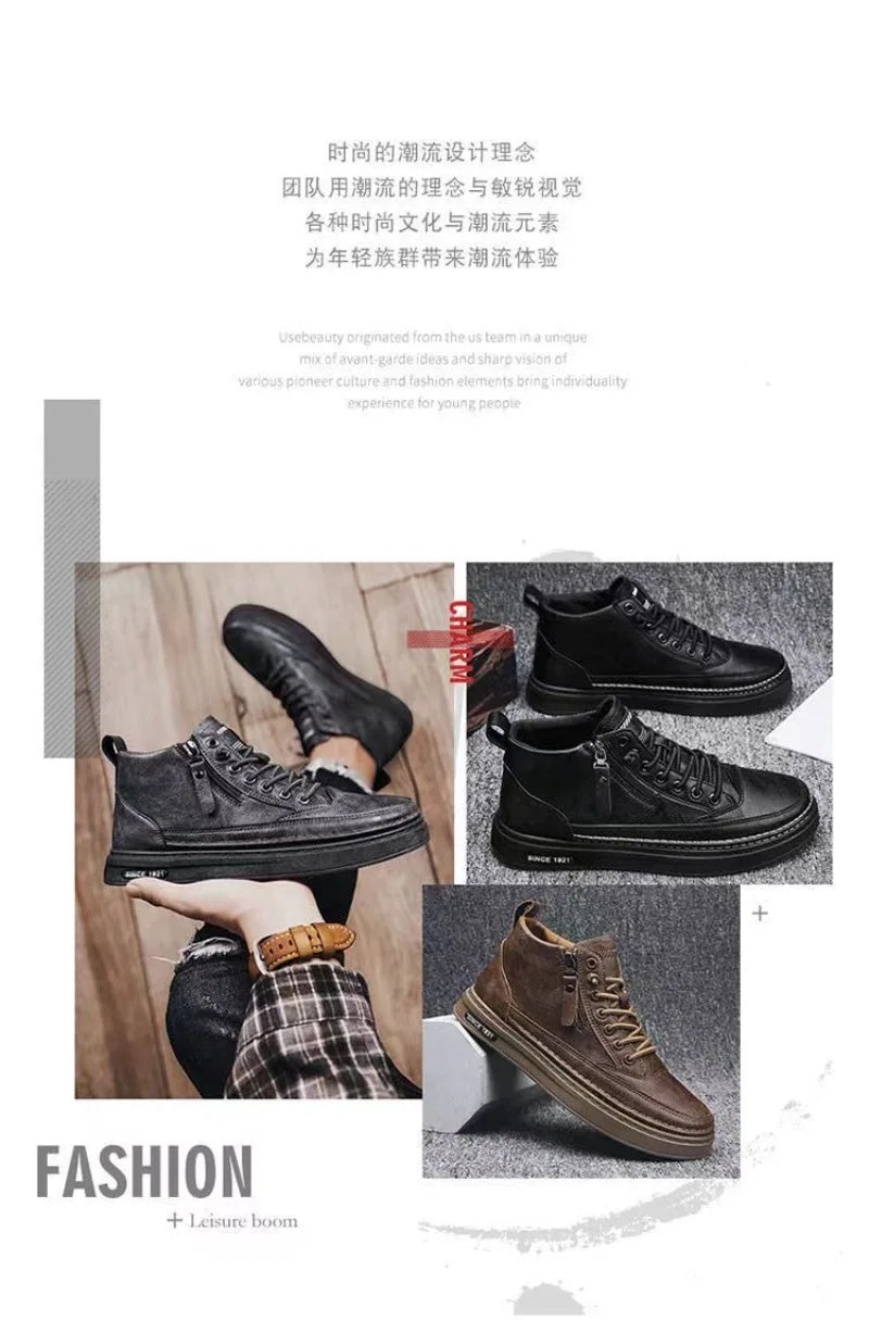 Men's Shoes Fashion High Top Sneakers PU Leather Casual Shoes for Men Platform Boots Retro Zipper Ankle Boots Zapatillas Hombre