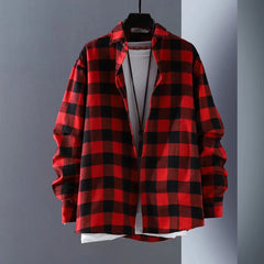Men\\\'s Baggy Coat Lapel Tops  Casual Work Baggy Coat Lapel Tops  Long Sleeve Check Shirts  Button Down Plaid Shirts  Red Black