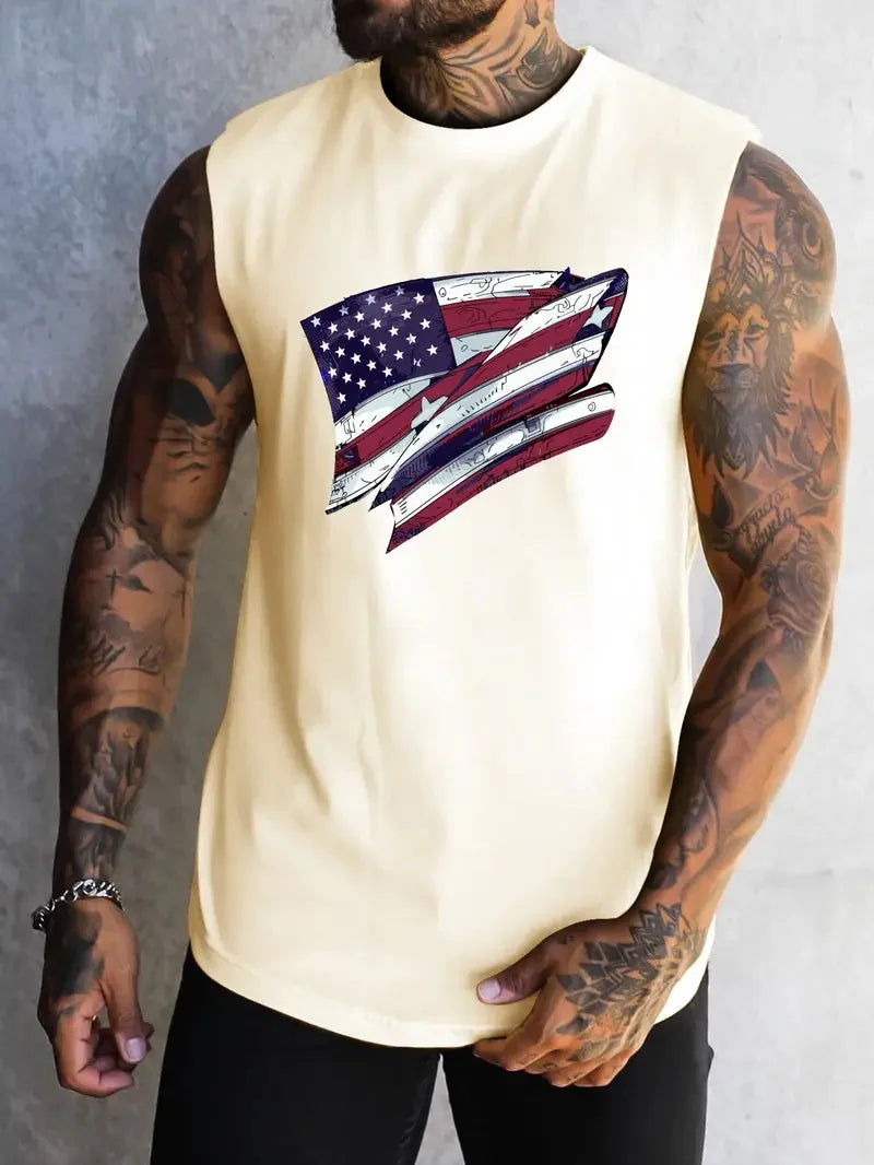 Summer Men's Simple American Flag Printed Sleeveless Round Neck Vest Daily Sports Fitness Fashion Sleeveless Clothing S-5XL