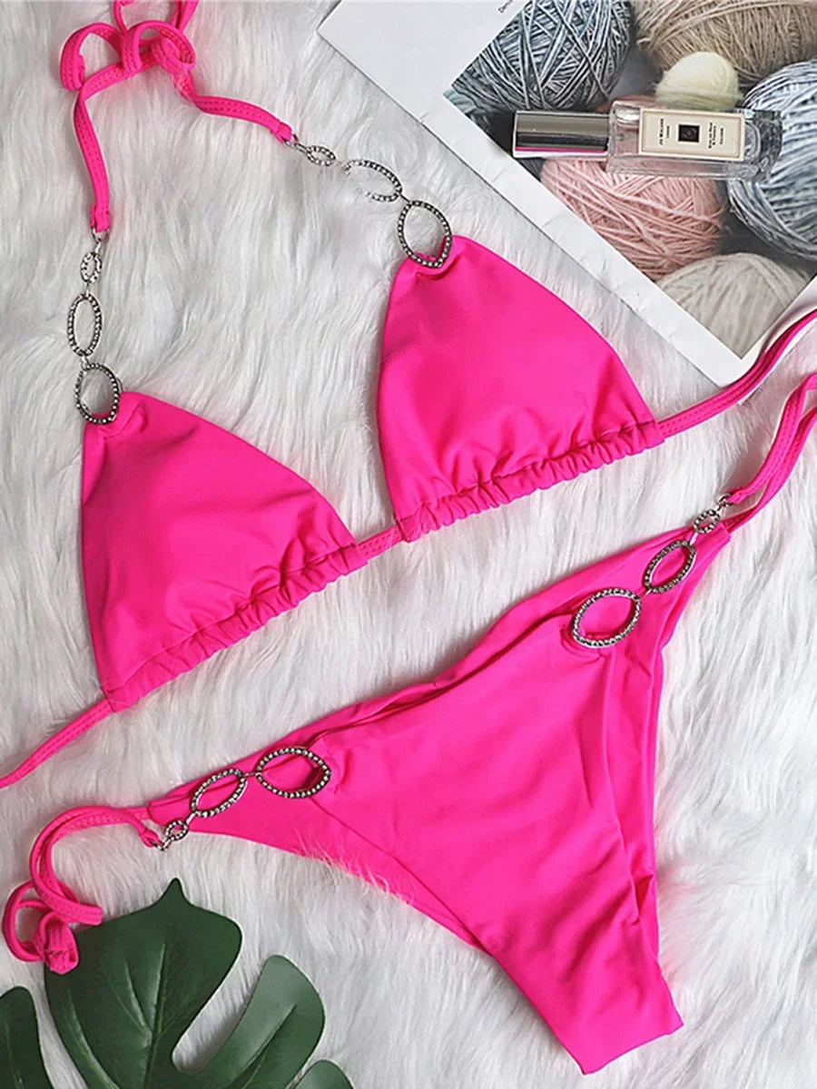 Sexy Halter Diamond Bikini Women Swimsuit Female Metal Chains Swimwear Two Pieces Bikini set Brazilian Bather Bathing Suit Swim
