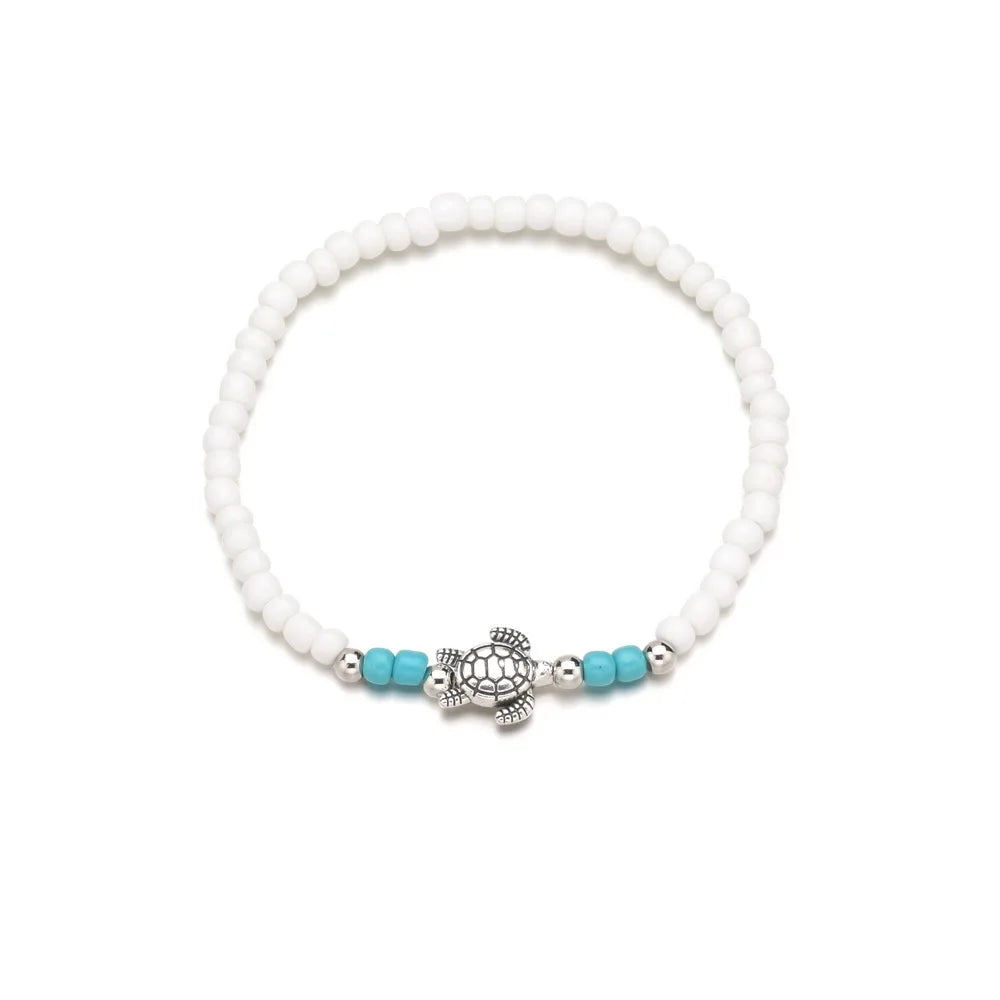 Bohe Sea Turtle Rainbow Beaded Anklets For Women Elastic Rope Chains Adjustable Ankle Bracelet Beach Jewelry Summer Accessories