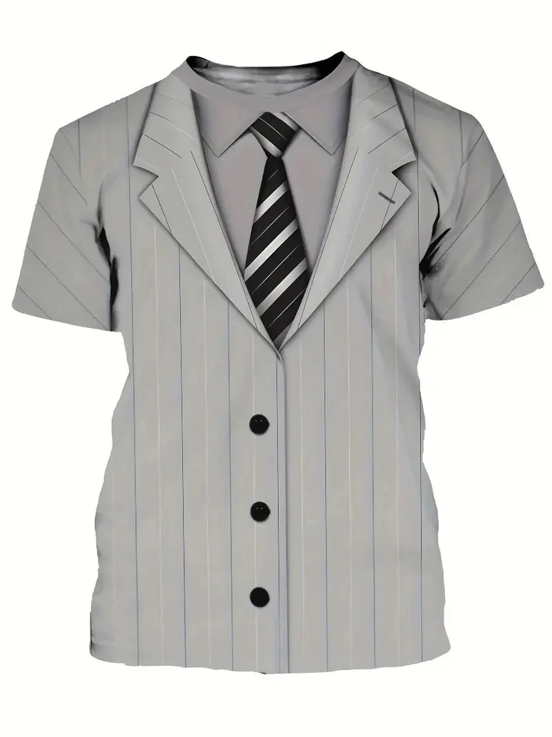 Men's Casual Suit Tie Print T-Shirt Tops Short Sleeve Crew Neck Men's Round Neck T-shirts New In Mens Cosplay Party Tee Shirts