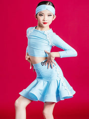 Kid Girls Latin Dance Clothing Outfit Sky Blue Long Sleeve Top Pants Set Cha Cha Samba Dance Training Performance Clothes
