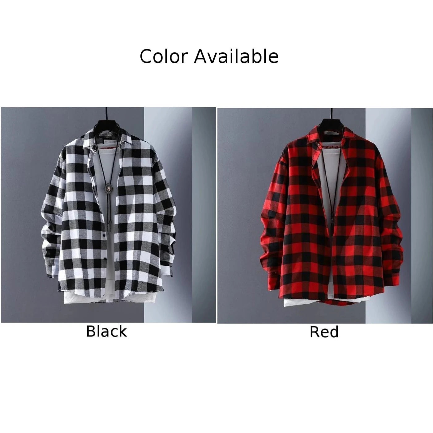 Men\\\'s Baggy Coat Lapel Tops  Casual Work Baggy Coat Lapel Tops  Long Sleeve Check Shirts  Button Down Plaid Shirts  Red Black