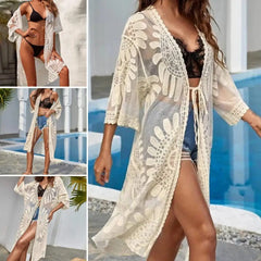 One Size  Sexy Lace Up Summer Beach Cover Up Solid Color Women Beach Dress Flower Embroidery   Women Clothes
