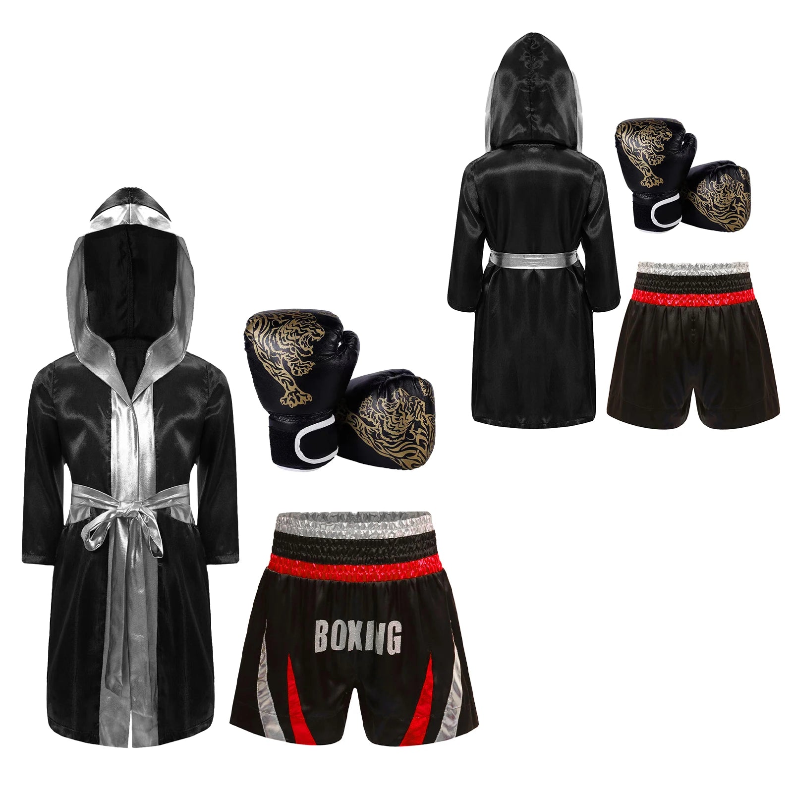 Kids Boys Boxing Training Outfit Long Sleeve Open Front Metallic Satin Robe Hooded Cloak with Athletic Shorts And Boxer Gloves
