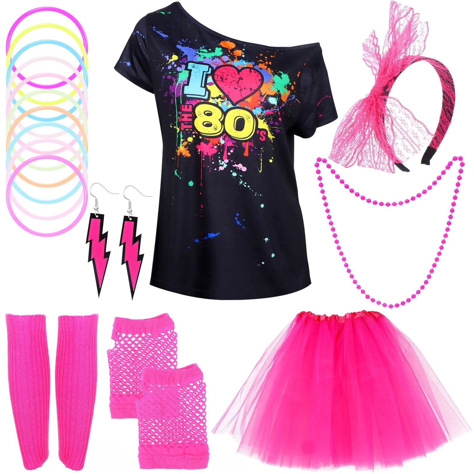 80s Fancy Dress Accessories WomenTutu Skirt Neon Fishnet Gloves Beaded Necklace Bracelet Earrings Adult 80s Party Costume Set