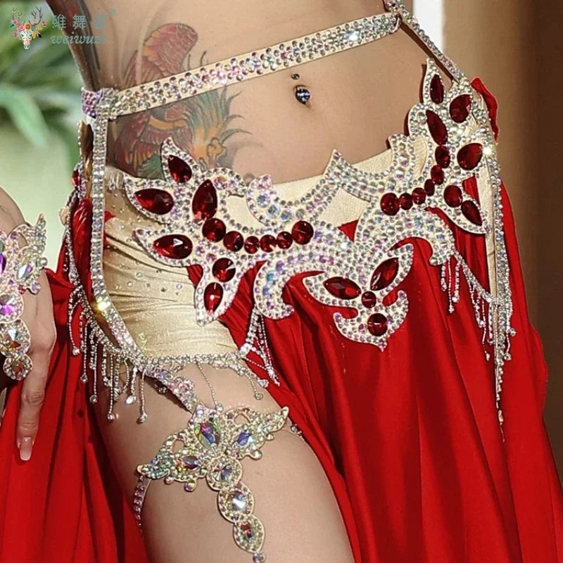 Belly Dance Performance Accessories for Women Senior AB Stones Chain Belt Girl's Luxury Competiton Leg LoopsSuper Sparkling