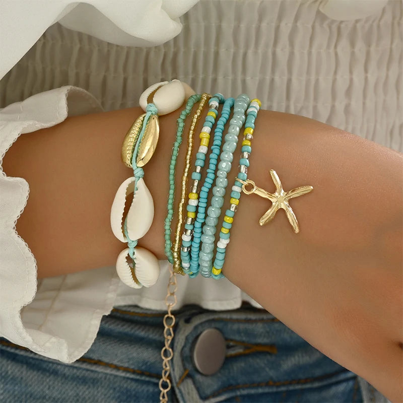 7Pcs Bohemian Style Starfish Shell Hand Woven Bracelet For Women Girls Fashion Beaded Bracelet Summer Beach Vacation Accessories